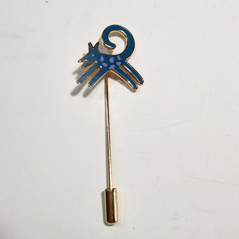 Vintage Gold Tone Laurel Burch Running Dog Stick Pin Teal/Purple Enameling